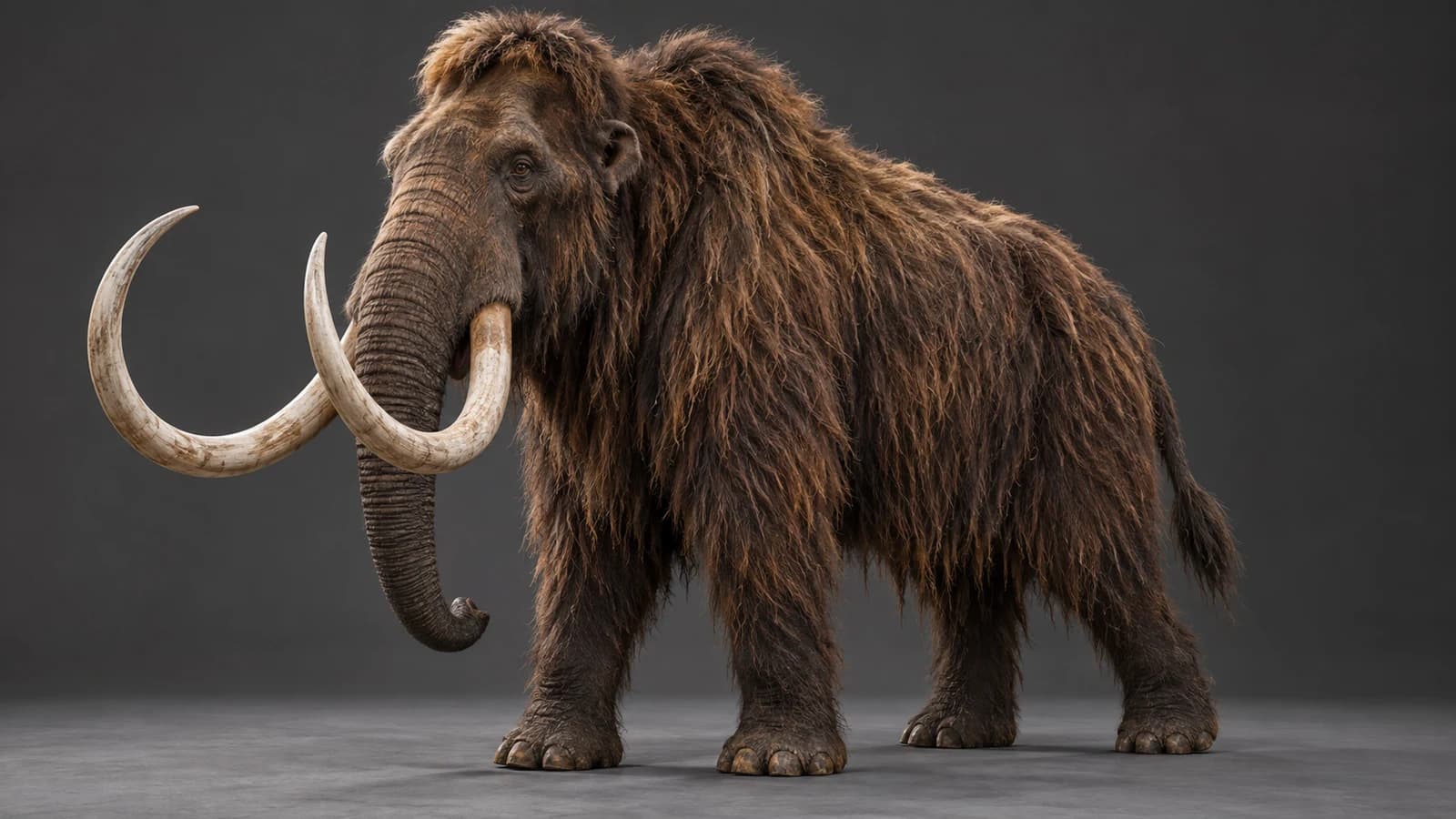 Woolly mammoth with a shaggy brown coat and sweeping ivory tusks in a charcoal studio
